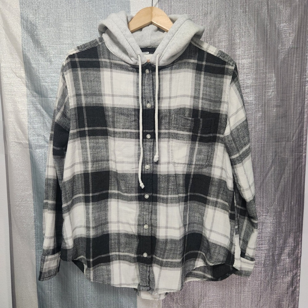 American Eagle Mens Large Plaid Hooded Flannel Shirt 90s Grunge Urban Y2K Skate